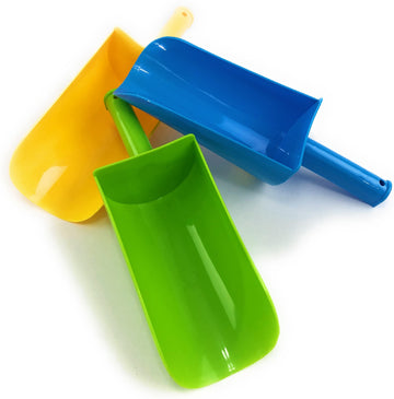 Matty's Toy Stop 9'' Kids Short Handle Sand Scoop Plastic Shovels for Sand & Beach (Yellow, Blue & Green) Gift Set Bundle - 3 Pa