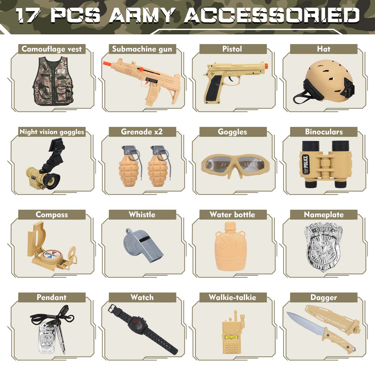 Captain Chaowing 17 Pcs Kids Army Costume, Military Soldier Dress Up Role Play, Combat Marines For Halloween With Camouflage Vest, Helmet And Accessories For Kids Boys 3+