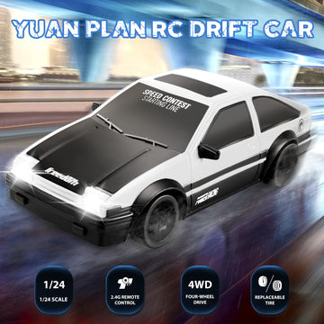 YUAN PLAN Remote Control Car RC Drift Car, 1/24 RC Car 2.4GHz 4WD RC Drift Racing Car High Speed RC Cars with Cool Lights, Recha