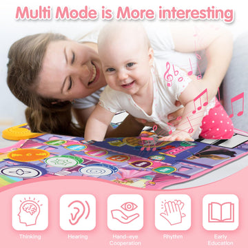 2 In 1 Piano Drum Babies Play Mat, Piano Keyboard & Drum Animal Touch Unicorn Knight Dinosaur Toys, Early Educational Musical Le