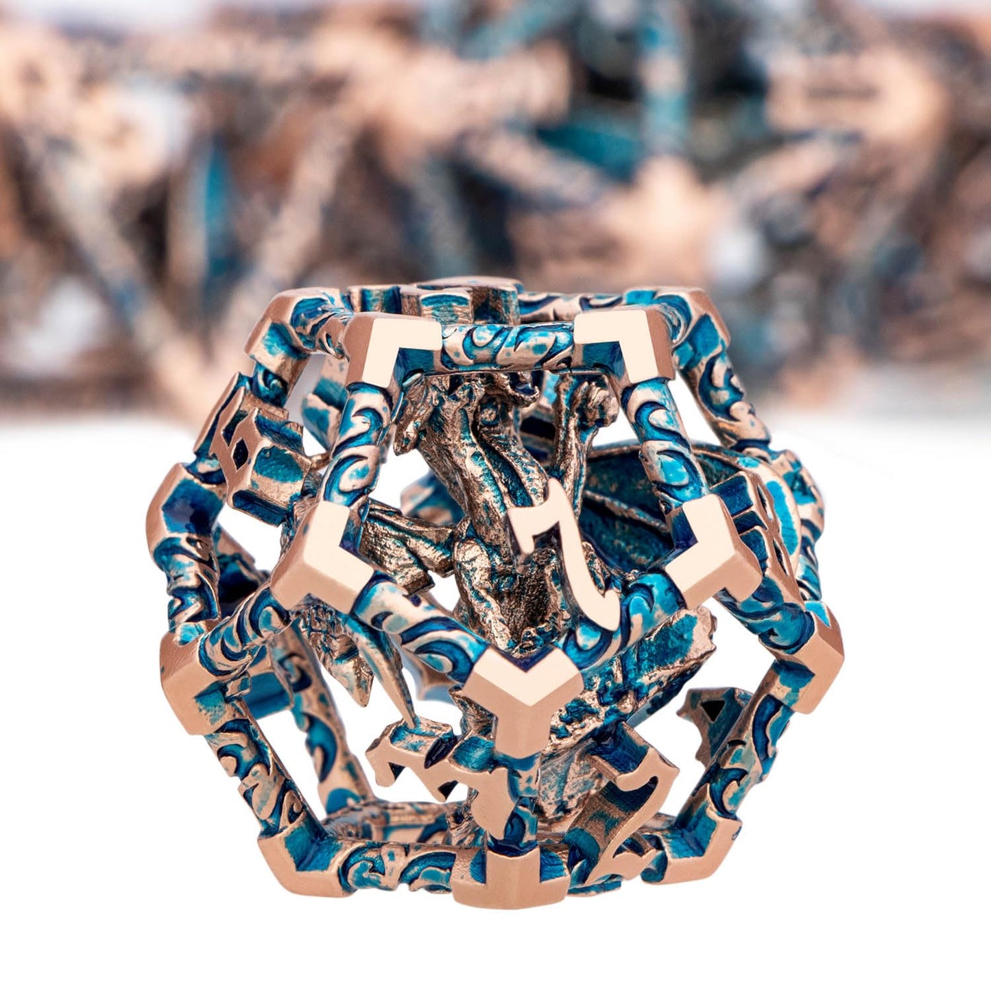 ARUOHHA Hollow DND Dice Set Copper Blue 5-Headed Dragon D and D Dice with Gift Box, Dungeons and Dragons Role Playing Games 7PCS