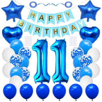 Huture 11 Birthday Party Supplies Blue Number 11 Foil Balloon Happy Birthday Banner Kit 11Th Birthday Decoration White Blue Late