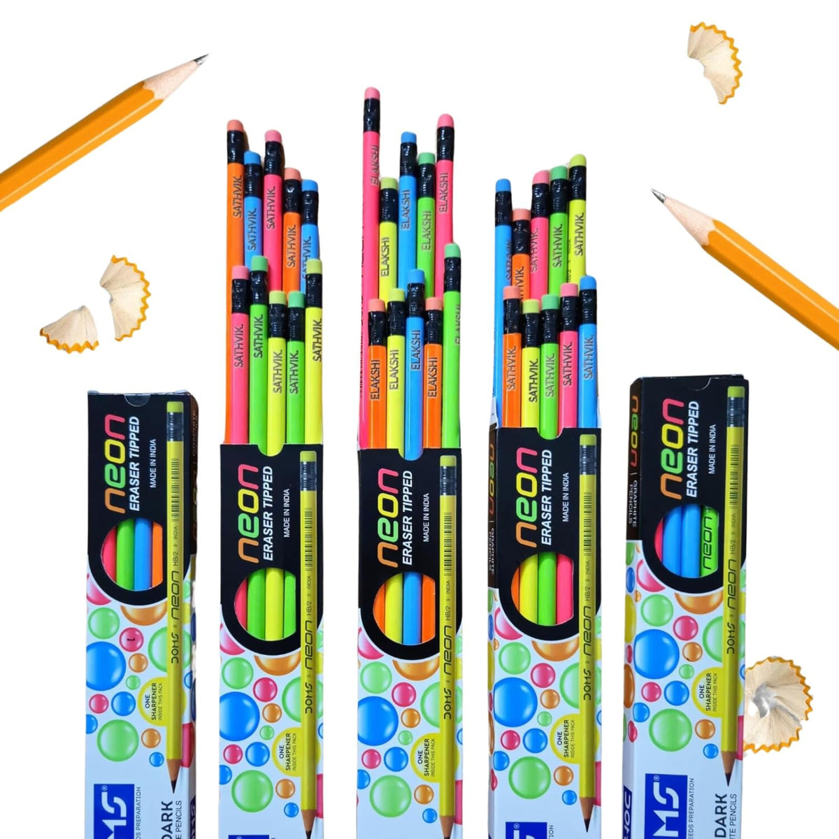 Dropin Personalised Name Pencil Set, Multicolour Round, Pack Of 10, 100 Pcs Neon Pencils (Neon Pencil, 100 Pcs)