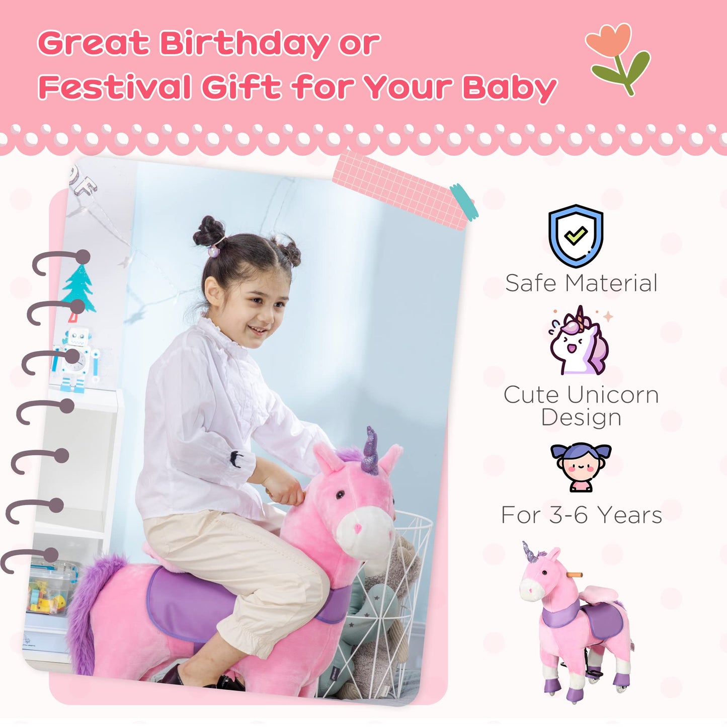 Qaba Ride On Real Walking Unicorn With Sparkly Horn, Soft Plush Ride On Rocking Horse Bearing 176Lbs, Imaginative Interactive To