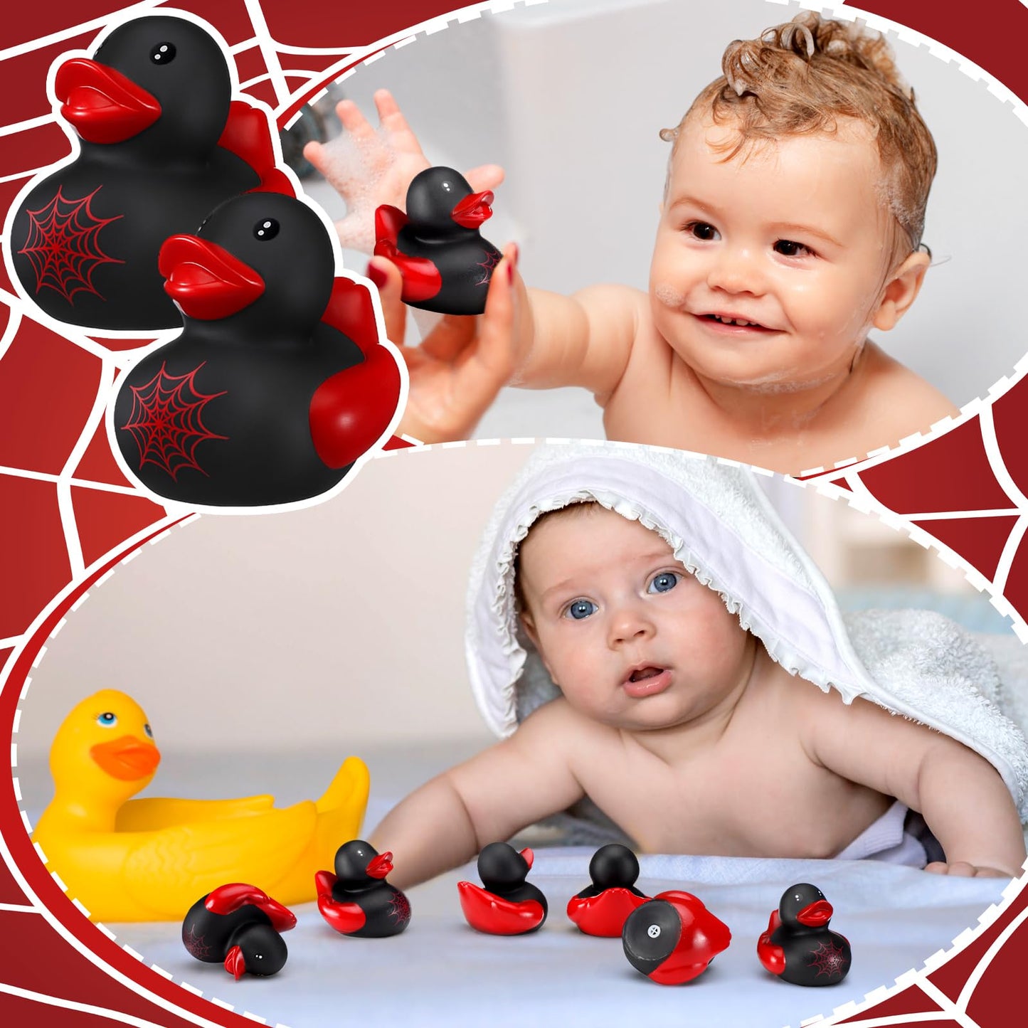 Leyndo 24 Pcs Christmas Spiderweb Rubber Duck Bulk Spiderweb Birthday Party Decoration Favors Squeaky Red Black Rubber Duck for Bathtub Floating Pool Gifts Party Supplies