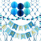 Blue Birthday Decorations with Happy Birthday Banner, Paper Honeycomb Balls, Circle Garland and Hanging Swirl Decorations, Birth