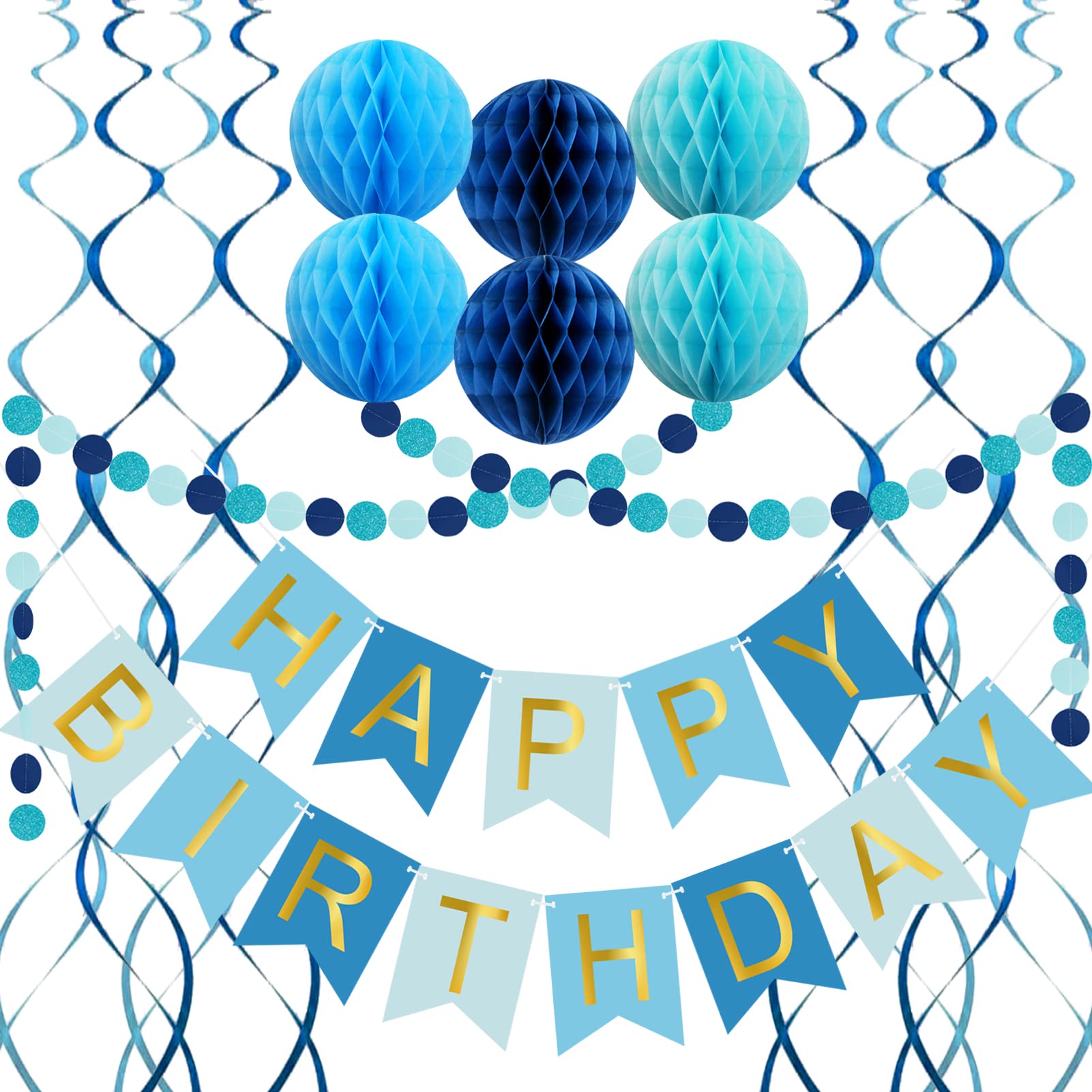 Blue Birthday Decorations with Happy Birthday Banner, Paper Honeycomb Balls, Circle Garland and Hanging Swirl Decorations, Birth
