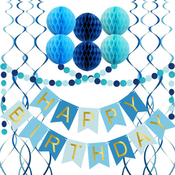 Blue Birthday Decorations with Happy Birthday Banner, Paper Honeycomb Balls, Circle Garland and Hanging Swirl Decorations, Birth