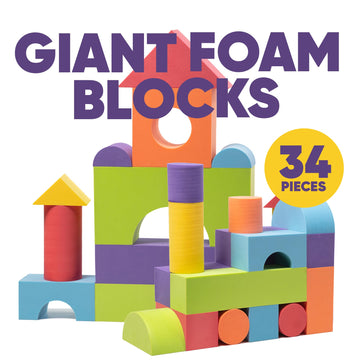 Set Of 34 Jumbo Large Foam Blocks For Toddlers - Stacking Soft Blocks For Kids With Shapes & Colors Learning - Construction Buil