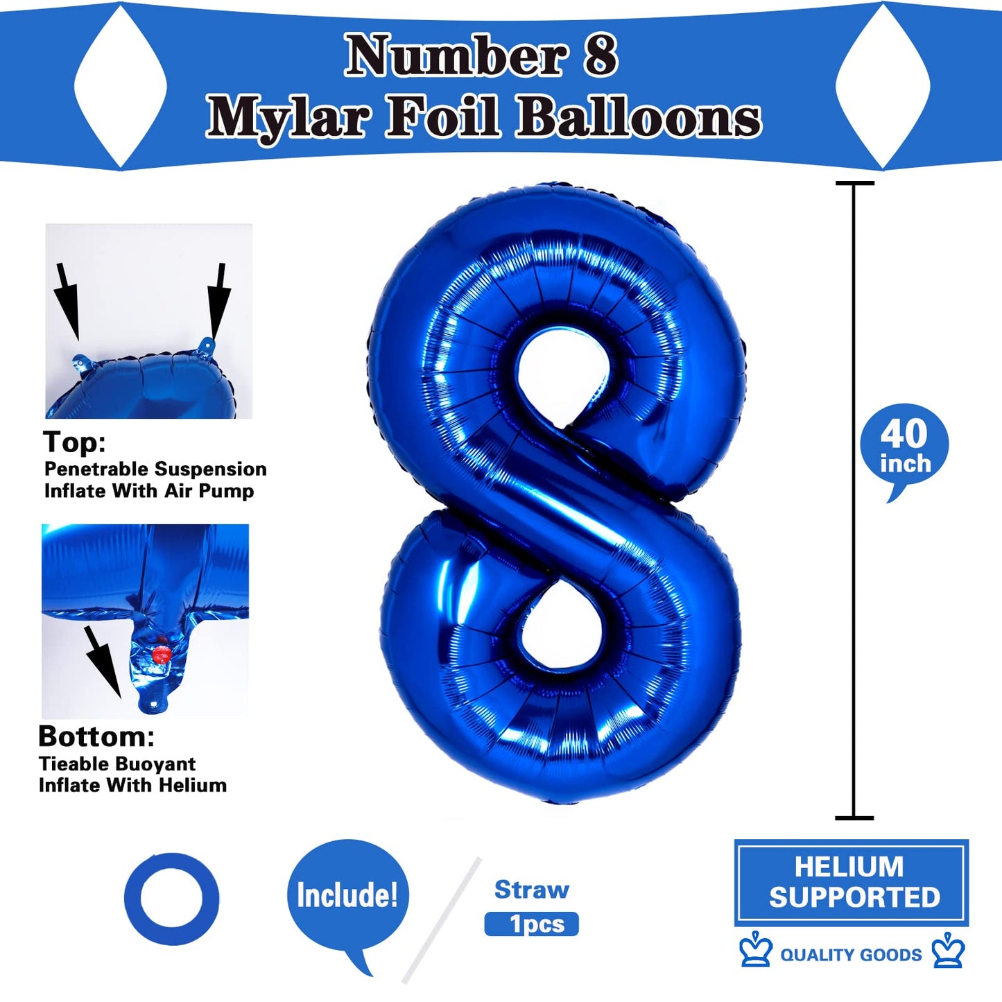 Giant 40 Inch Blue Number 8 Balloon 8Th Birthday Balloon | Helium Supported 8 Balloon Number Blue | 8Th Birthday Decorations For