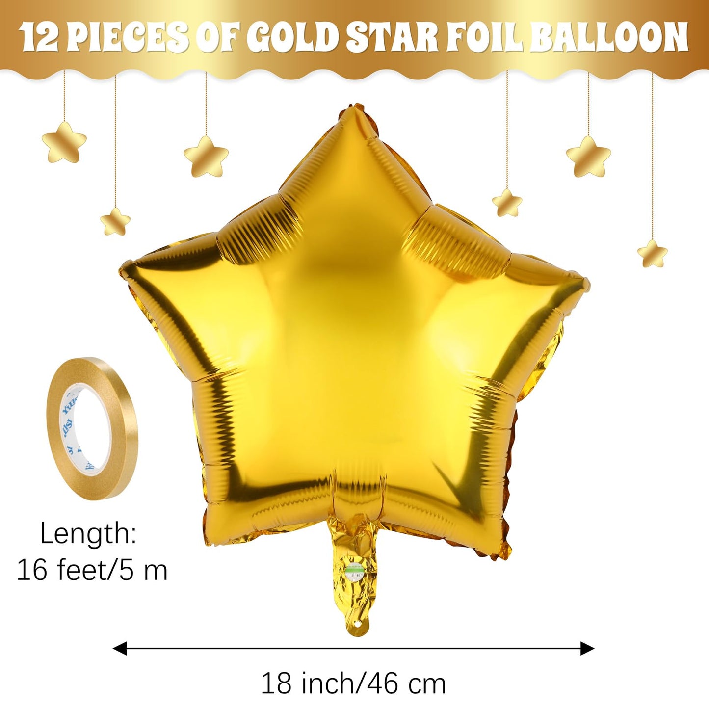 Durony 12 Pieces 18 Inches Gold Star Foil Balloons Star Shaped Mylar Star Helium Ballons Party Decorations For Birthday Party An