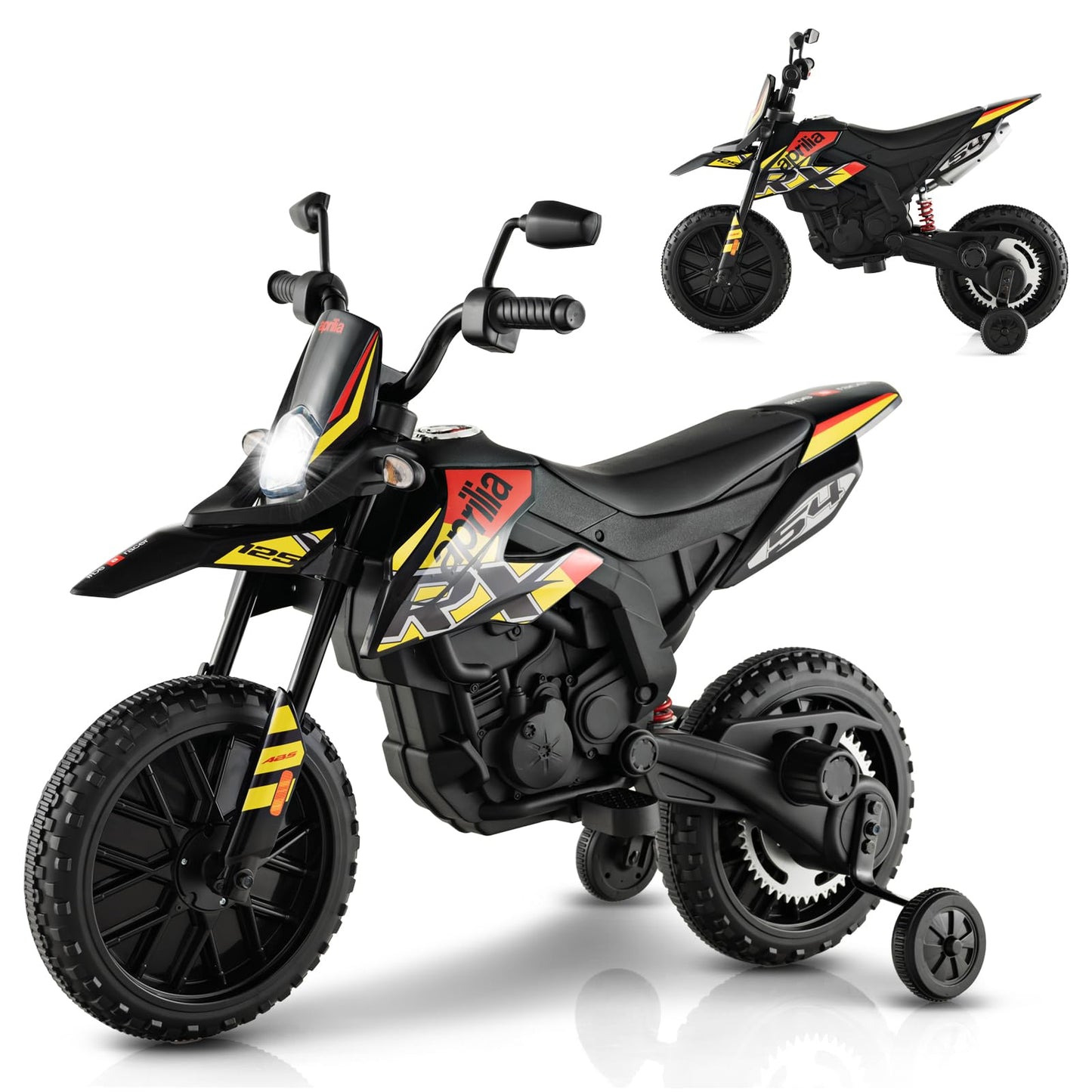 Infans Kids Motorcycle 12V, Licensed Aprilia Rx125 Electric Ride-On Motorbike For Toddlers With Training Wheels, Spring Suspension, Headlight, Music, Children Ages 3-8 (Yellow)