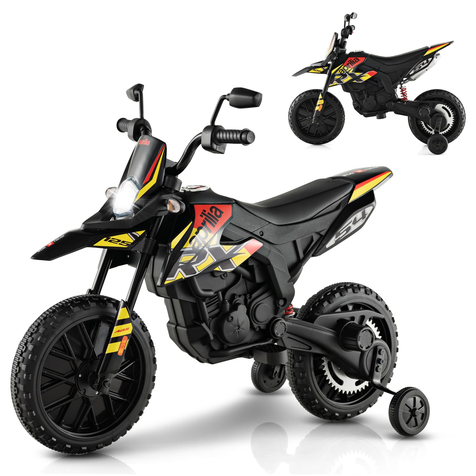 Infans Kids Motorcycle 12V, Licensed Aprilia Rx125 Electric Ride-On Motorbike For Toddlers With Training Wheels, Spring Suspension, Headlight, Music, Children Ages 3-8 (Yellow)