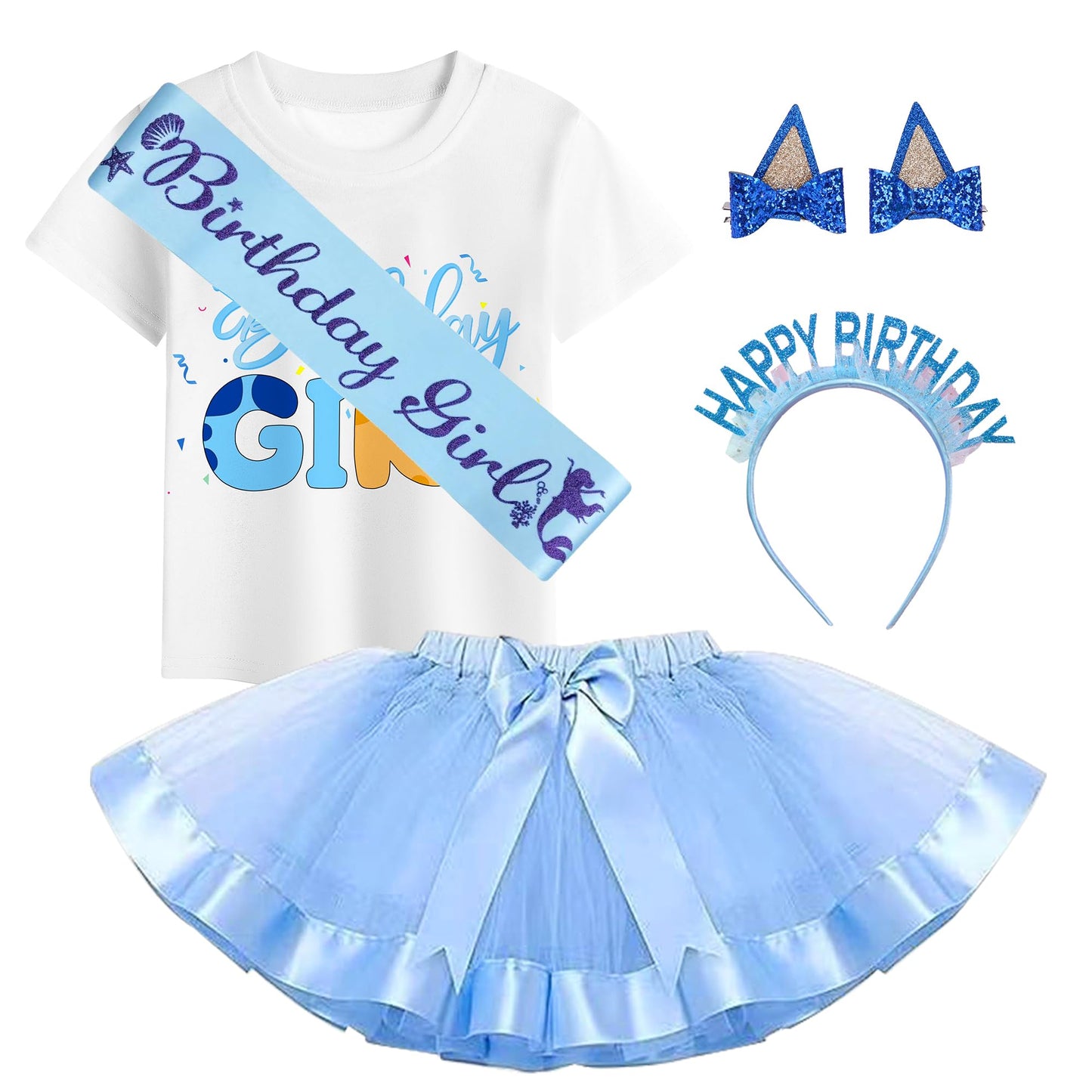 Yodison Girls Birthday Costume,T-Shirt And Tutu Dress,Headband Satin Sash Birthday Party For Kids(130Cm/6-7T) Blue