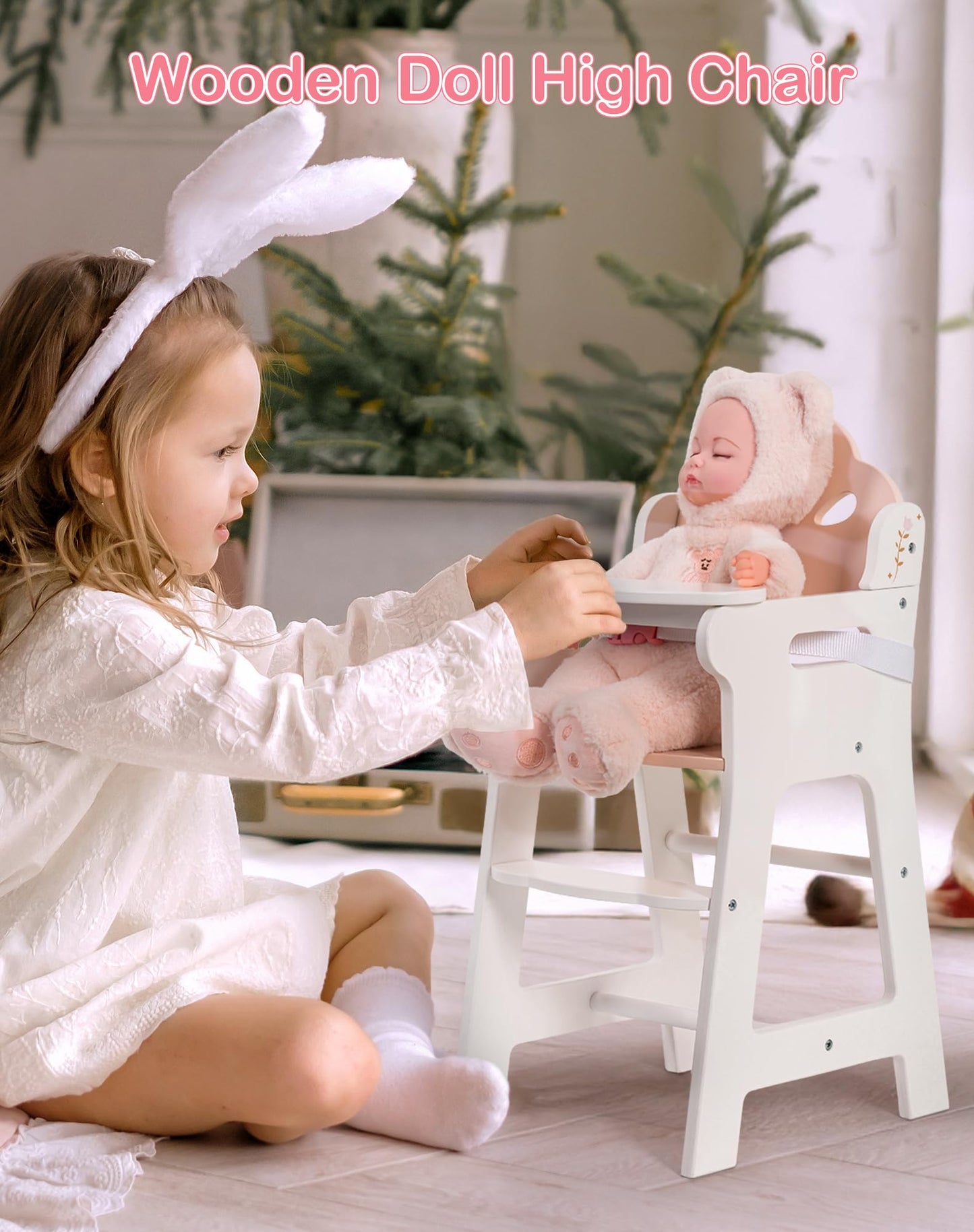 Robud Baby Doll High Chair, Pretend Play High Chair With Seat Belt, White Wooden Baby Doll Accessories With Movable Tabletop, Fi