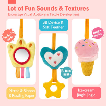 Hahaland Car Seat Toys For Babies 0-6 Months Girl - Baby Toys 3-6 Months - Rattle, Mirror, Crinkle, Squeaky Carseat Stroller Toys 0-6 Months Developmental Newborn Baby Girl Gifts