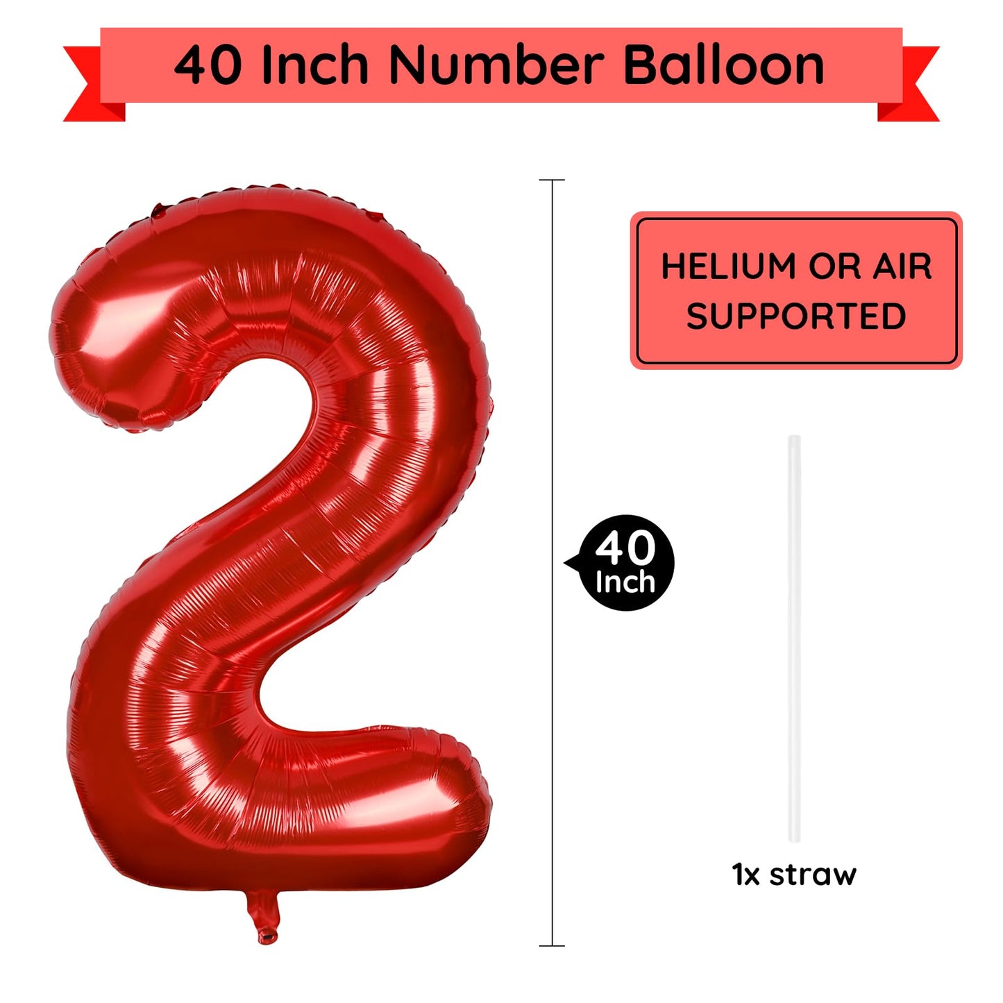 Paticool 40 Inch Red Number Balloon 2, Large Number Foil Balloons Mylar For Girl Boy Birthday Party Celebration Decorations Supp