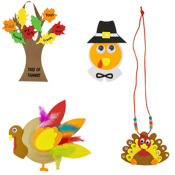 4Es Novelty Thanksgiving Craft for Kids (Makes 4) Includes - Foam Thankful Tree, Turkey Plate, Pilgrim Magnet, Turkey Necklace 