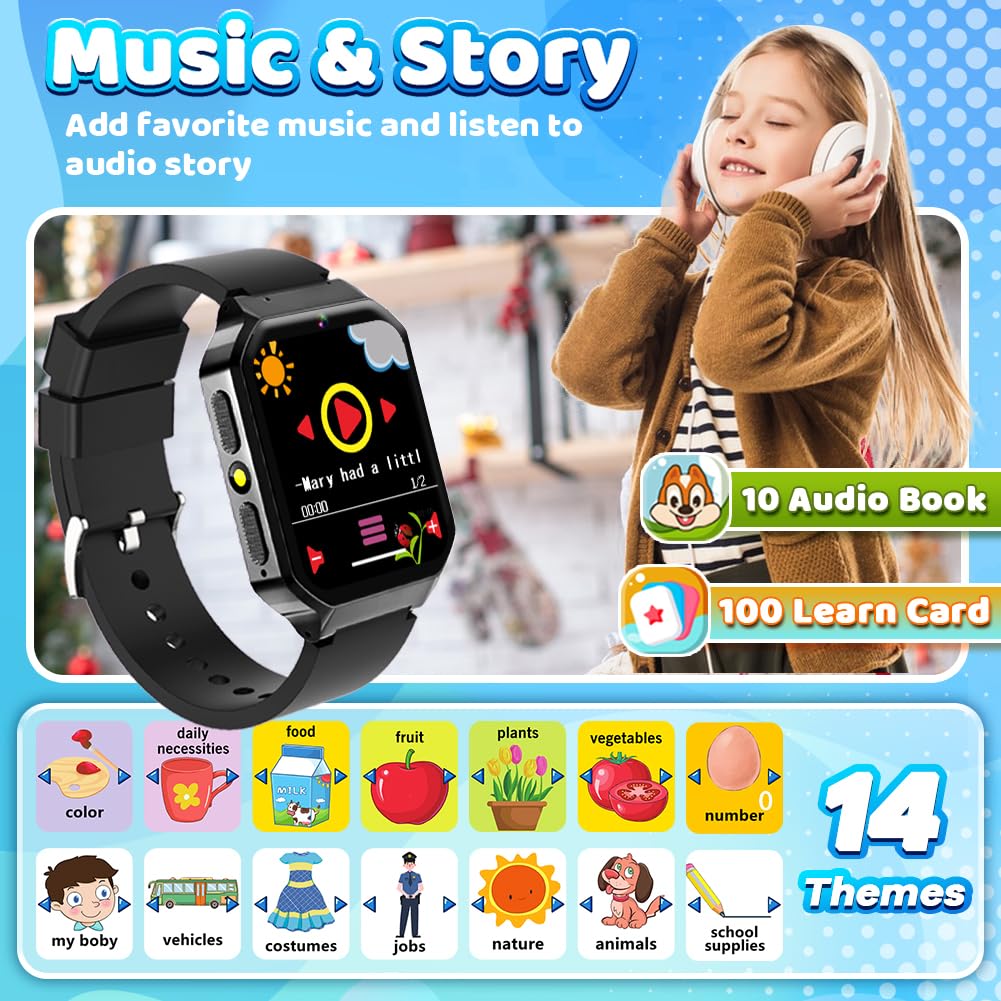Smart Watch For Kid Age 4 5 6 7 8 9 10 Boys Girls Learning Toy With 26 Puzzle Game 1.69' Touch Screen Hd Camera Video Music Player Alarm Clock Storybook Pedometer Christmas Birthday Gift Idea (Black)