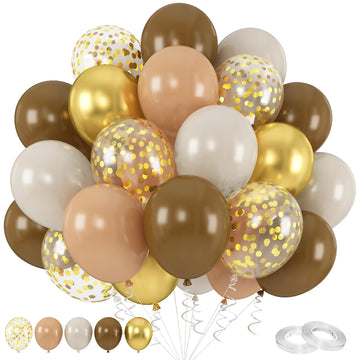Brown And Gold Balloons, 60Pcs 12 Inch Brown Sand White And Nude Balloon Set With Metallic Gold Confetti Balloons, Latex Helium Balloons For Birthday Wedding Graduation Anniversary Party Decorations