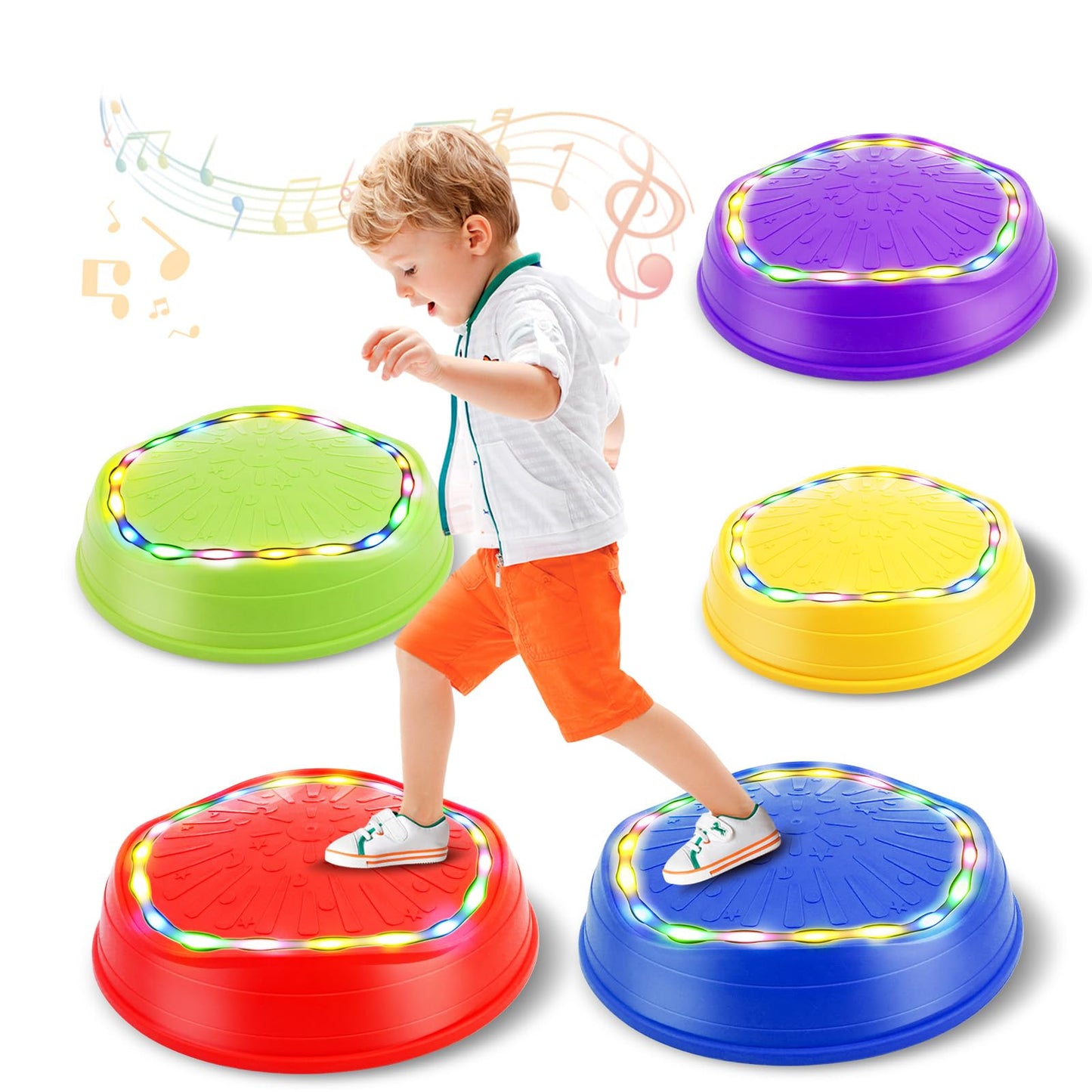 BHYDRY Stepping Stones for Kids, Music & Lights Outdoor/Indoor Sensory Play Toys with Non-Slip Design, 5PCS Jumpping & Balance T