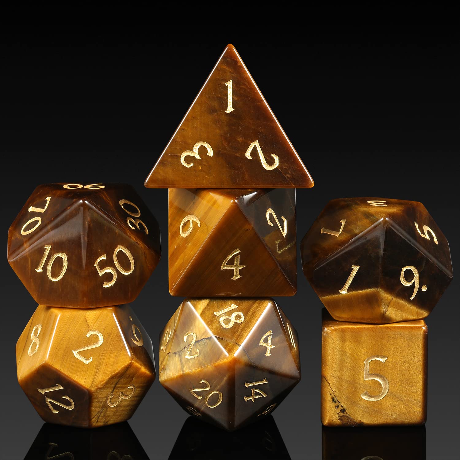 Tiger-Stone Dice Set D&D,DNDND 7PCS Full Set Natural Stone Dice Set with Grogeous Gift Case for Dungeons and Dragon and Tabletop