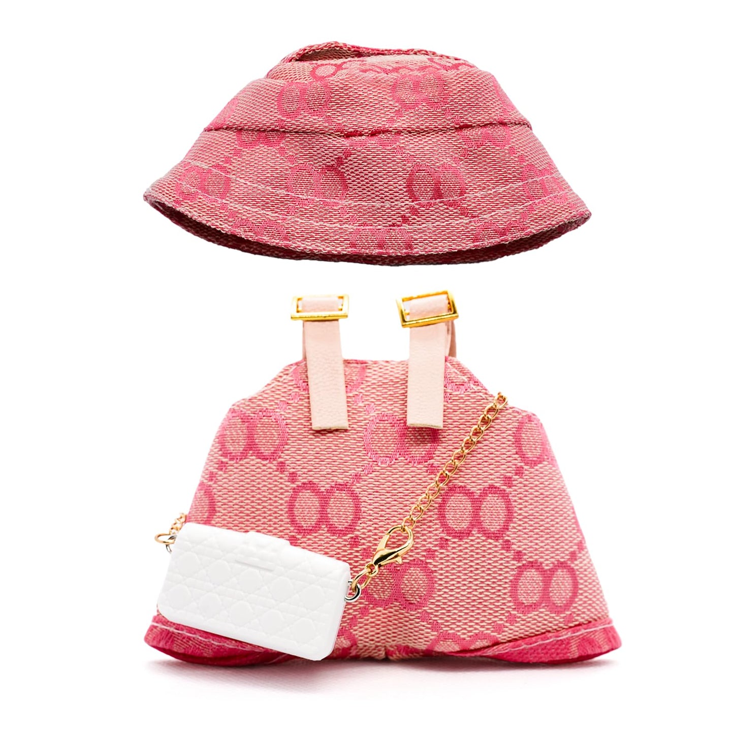 LYBHYQTII Clothes Compatible with Labubu 17cm  enhanced Handmade Dolls Accessories with Chic Grid Hat & Rompers & Bag 3 Piece Set  High-End Fashion Outfit for Play & Display  No Doll - Pink