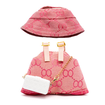LYBHYQTII Clothes Compatible with Labubu 17cm  enhanced Handmade Dolls Accessories with Chic Grid Hat & Rompers & Bag 3 Piece Set  High-End Fashion Outfit for Play & Display  No Doll - Pink