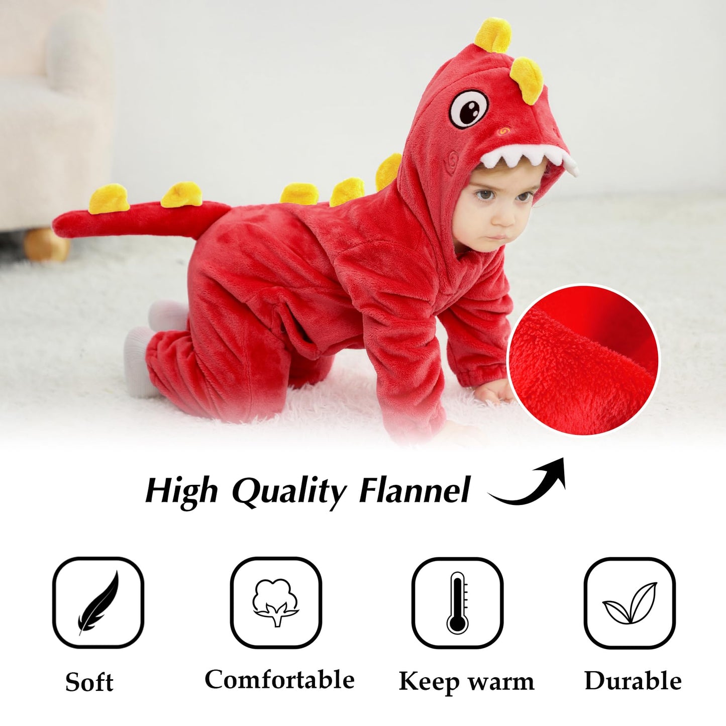 Tonwhar Kid'S And Toddler'S Costume Baby Animal Outfit Baby Boys' Girls' One-Piece Rompers Jumpsuit(6-12M,Red Dinosaur)