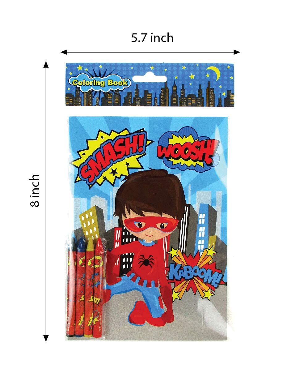 Tiny Mills Superhero Coloring Books for Kids - 12 Books and 48 Crayons Party Favors, Prizes, Favor Bag Filler, Party Supplies