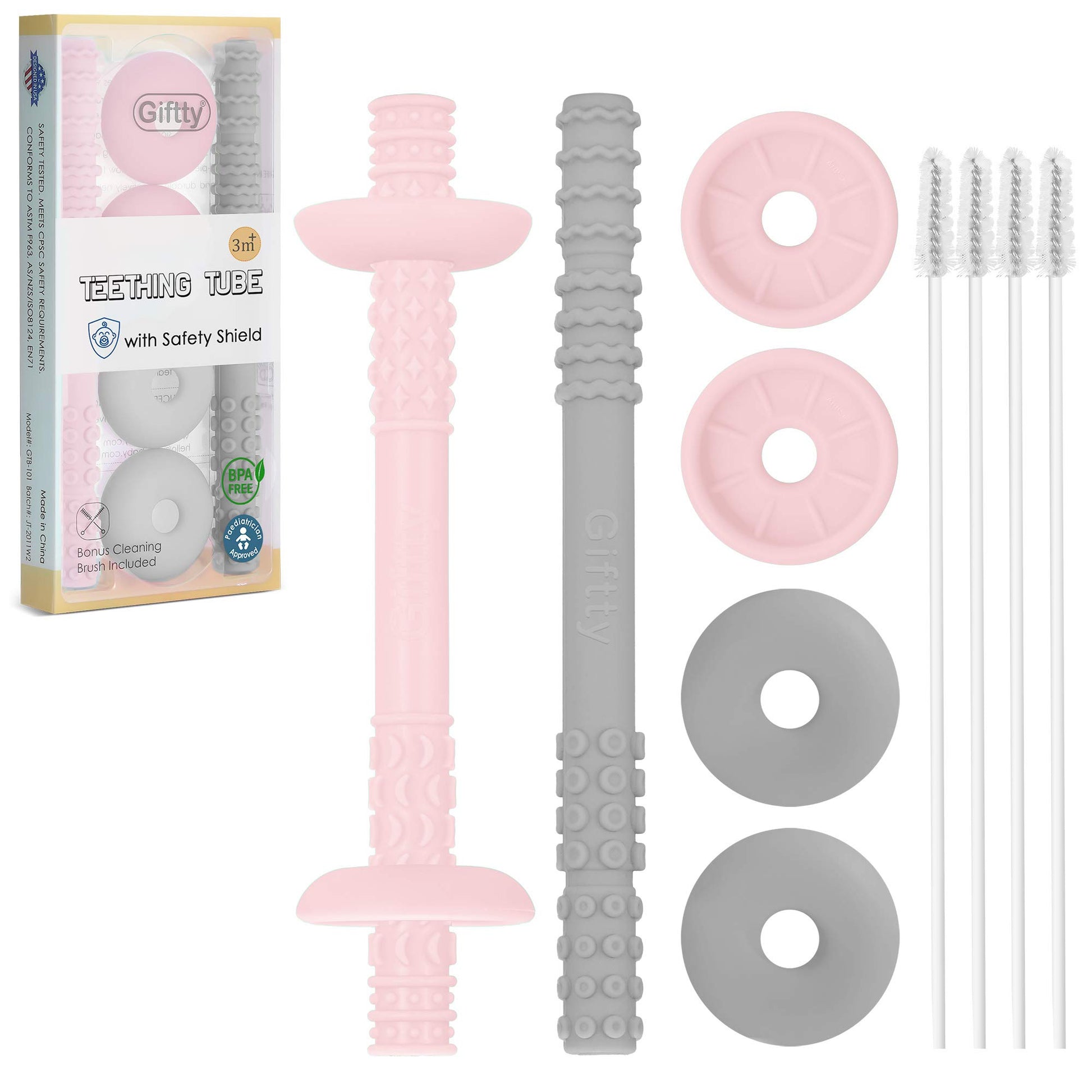 Teething Tube With Safety Shield Baby Hollow Teether Sensory Toys Gum Massager, Food-Grade Silicone For Infant 3-12 Months Boys 