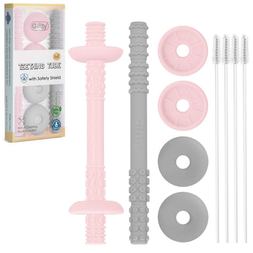 Teething Tube With Safety Shield Baby Hollow Teether Sensory Toys Gum Massager, Food-Grade Silicone For Infant 3-12 Months Boys 
