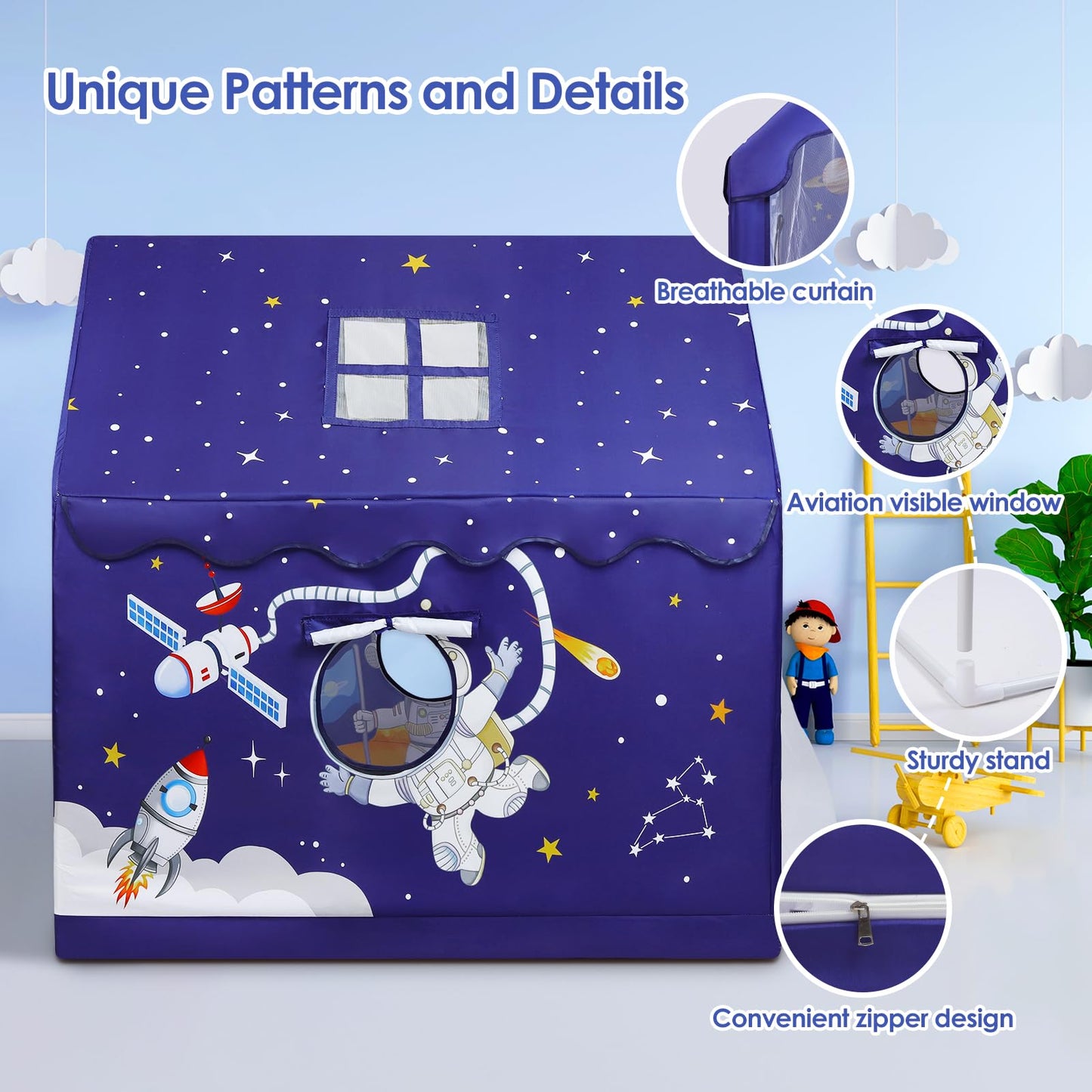 Kids Tent Blue Space Toddler Tent For Boys,Large And Foldable Kids Playhouse With Windows, Portable And Lightweight Play Tent In