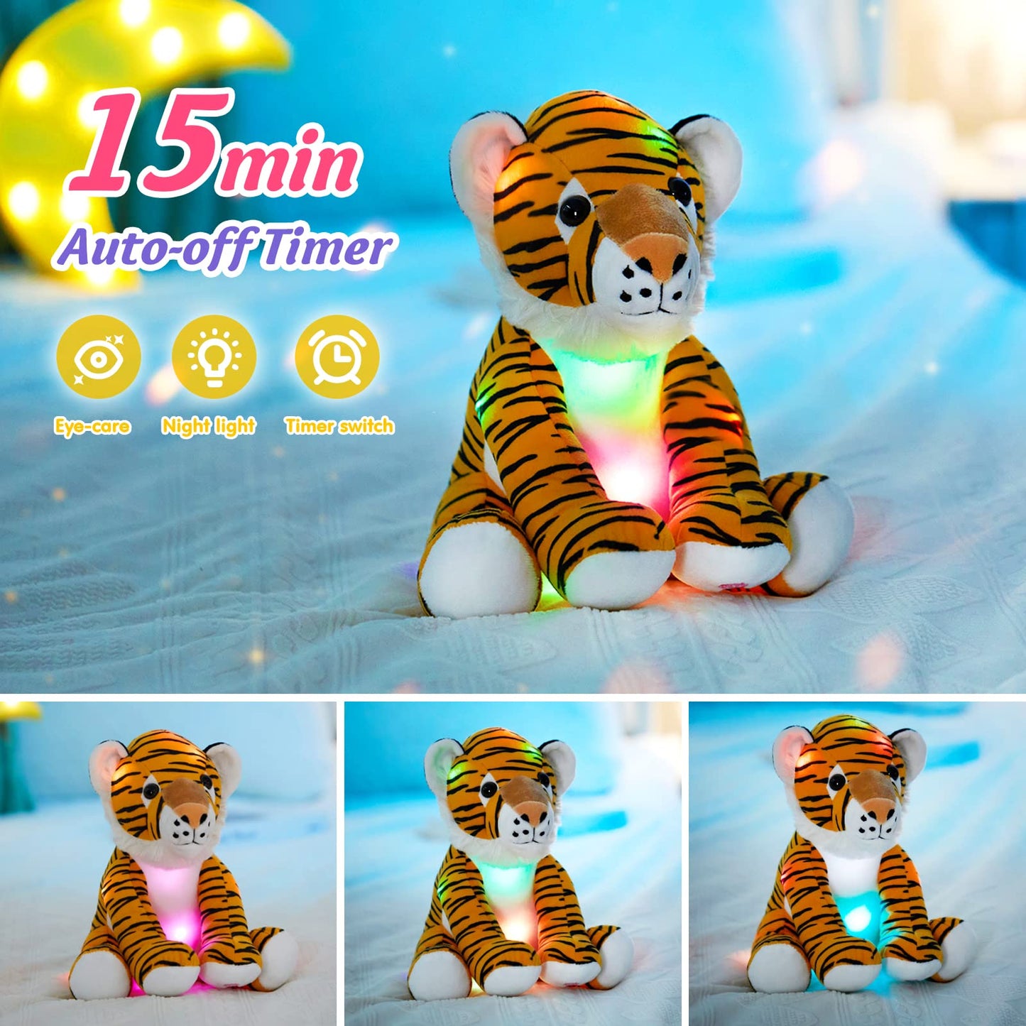 Athoinsu 11'' Light Up Tiger Stuffed Animal With Led Night Light Glow In Dark Soft Plush Toy Valentine'S Day Children'S Day Birt