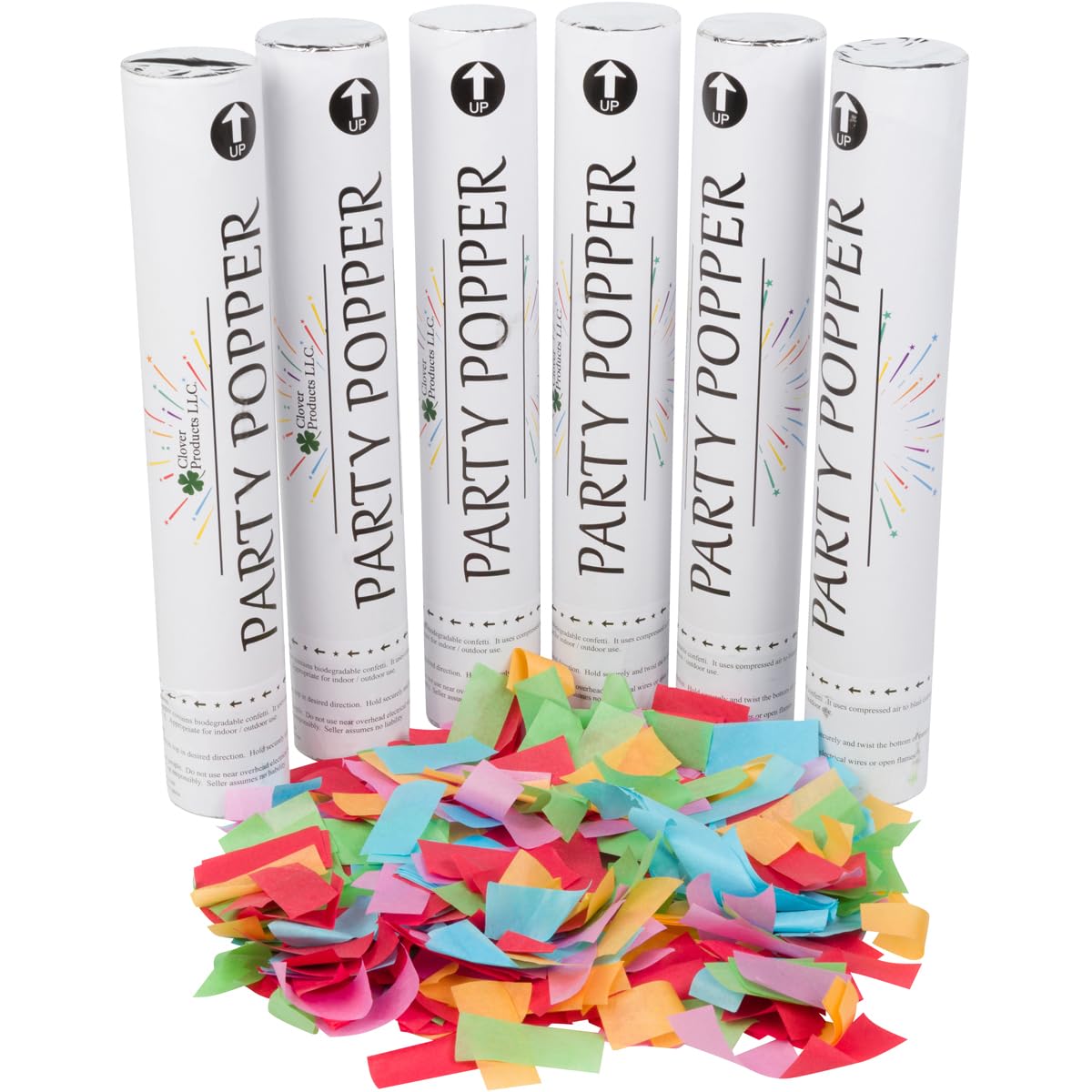 Clover Products 12 Biodegradable Confetti Cannons | 6 Pack Confetti Poppers for Weddings, Birthdays & Parties | Air-Powered Part
