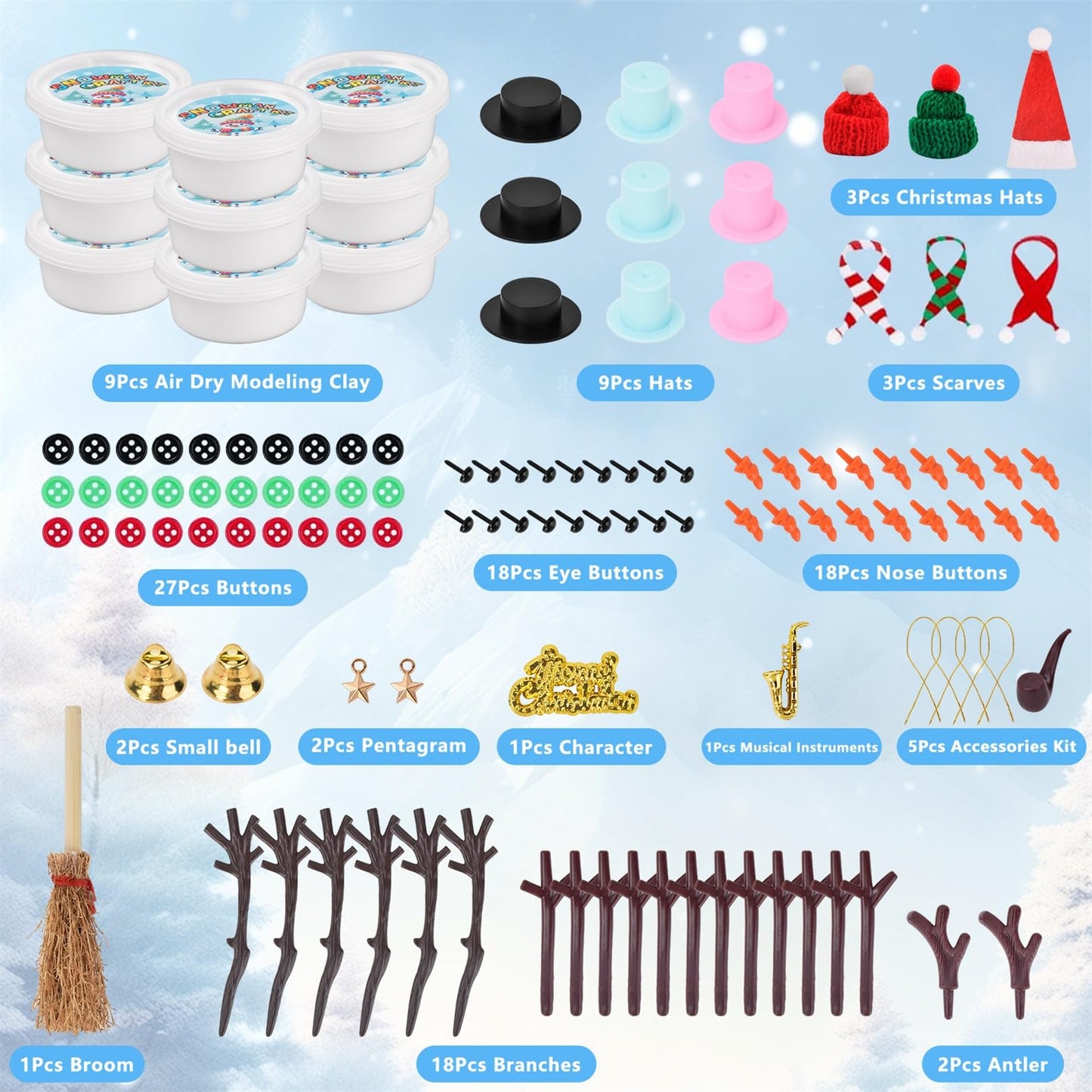 Ariepoue Snowman Craft Kit - 9 Pack Air Dry Modeling Clay Christmas Stocking Stuffers for Kids - White