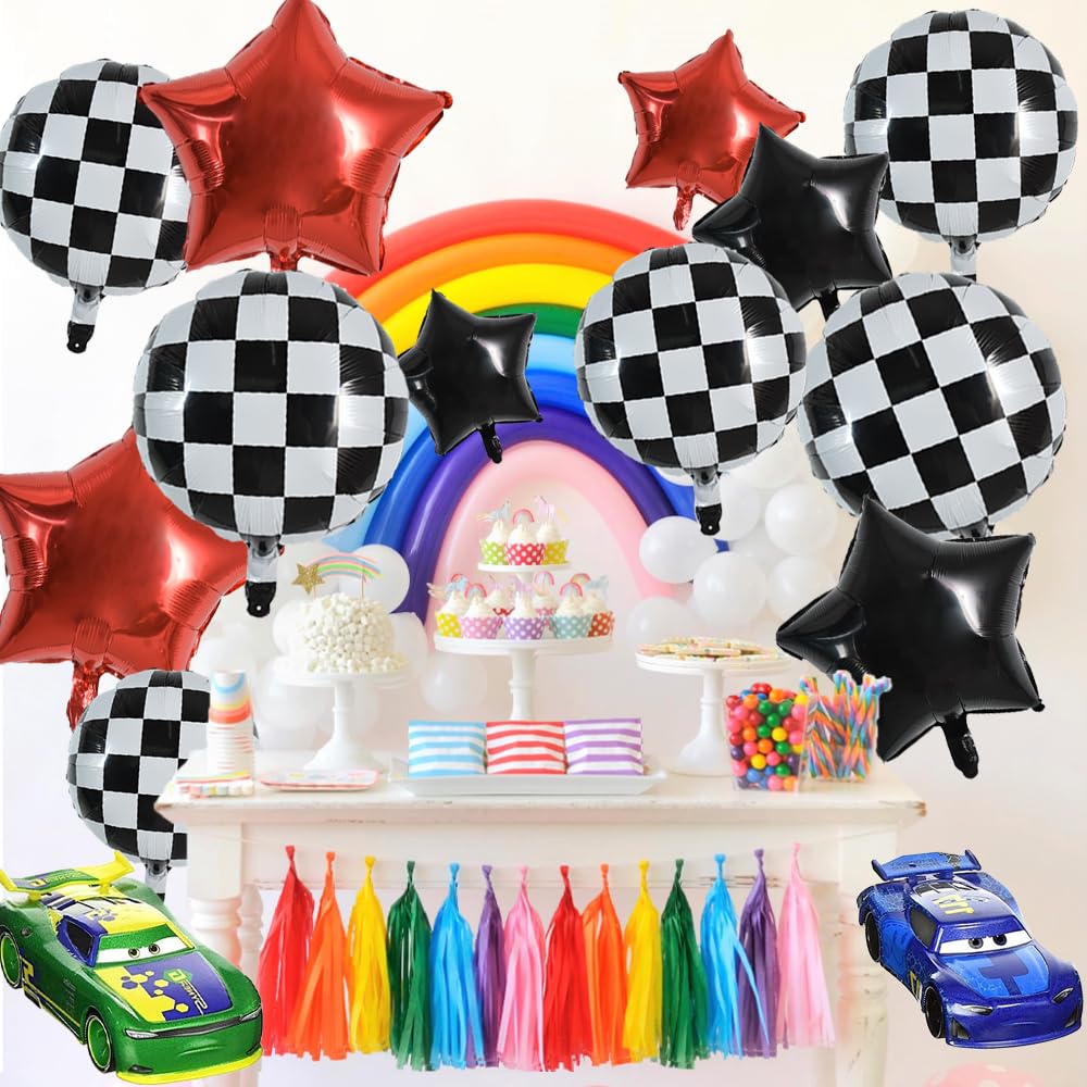 TONIFUL 18pcs Checkered Balloons 18 Inch Black and White Checkered Balloons Racing Balloons Large Checker Foil Balloons for Fast