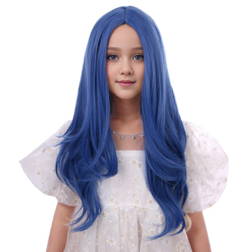 DUDUWIG Kids Dark Blue Wig Girls Long Blue Middle Part Wig Child Dark Blue Wavy Curly Wig Heat Resistant Synthetic Wig with Wig