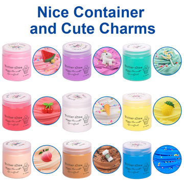 WUHUANIU 9 Pack Scented Butter Slime Kit Ideal Slimes Bulk for Kids Super Soft and Non Sticky DIY Slime Surprise Toy with Charm Unicorn Cherry Ice Cream Cake Watermelon Latte and More