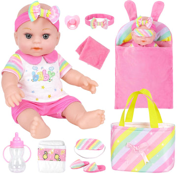 Zntwei 12 Inch Baby Doll Playset Sleeping Bag And Rainbow- Themed Doll Accessories, Dolls Toys For 3 Year Old Girls And Boys And