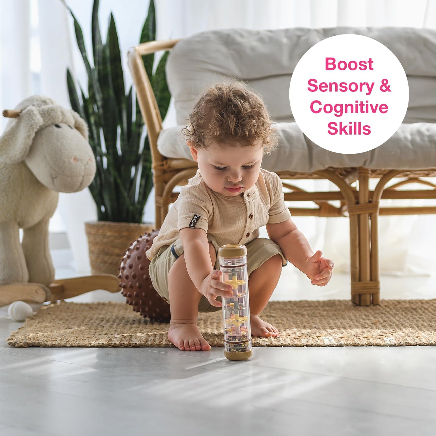Edushape Rainstick 8 Inch Boho Chic - Rainmaker Toy For Babies, Sensory Tubes Musical Instrument - Rain Stick Baby Toy For Soothing Rain Sounds, Perfect Tummy Time Toys, Engaging Toddler Sensory Play