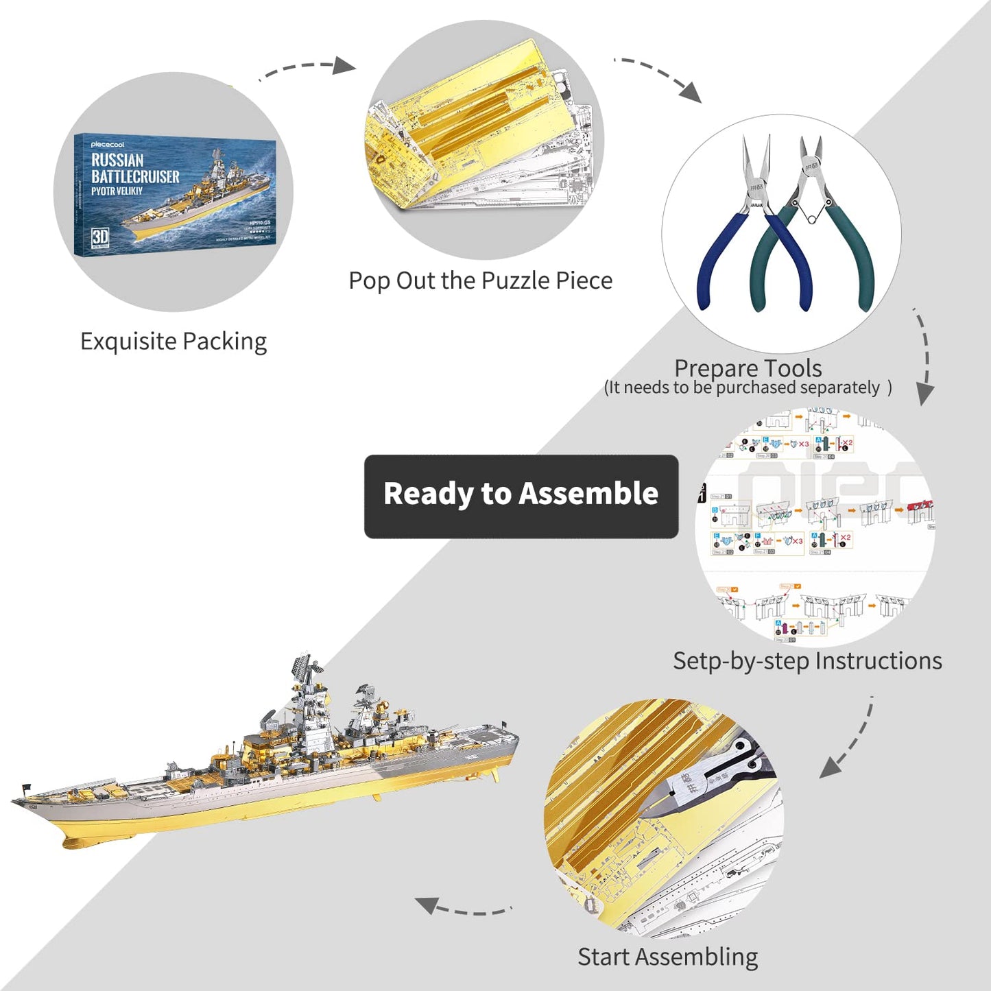 Piececool 3D Metal Puzzles For Teens, Russian Battlecruiser Pyotr Velikiy Battleship Model Kit, 3D Warship Models Building Puzzle For Adults Diy Toys, Birhtday For Boys Men, 270 Pcs