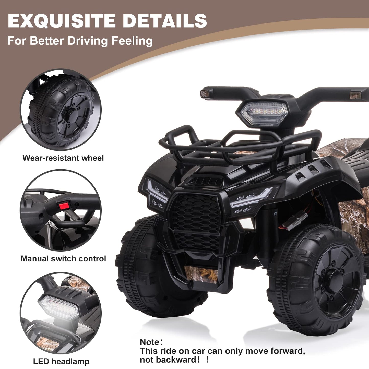 Kids Ride On Atv, 6V Battery Powered Kids Electric Vehicle, 4 Wheeler Quad W/Headlights, Mp3, Usb, Volume Control, Large Seat, E