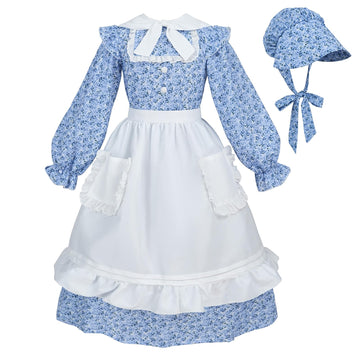 Ltakk Colonial Dress Girls Pioneer Costume Prairie Pilgrim Girl Dresses Long Sleeves, Indigo Blue, Medium, Age Over 4 Years Old