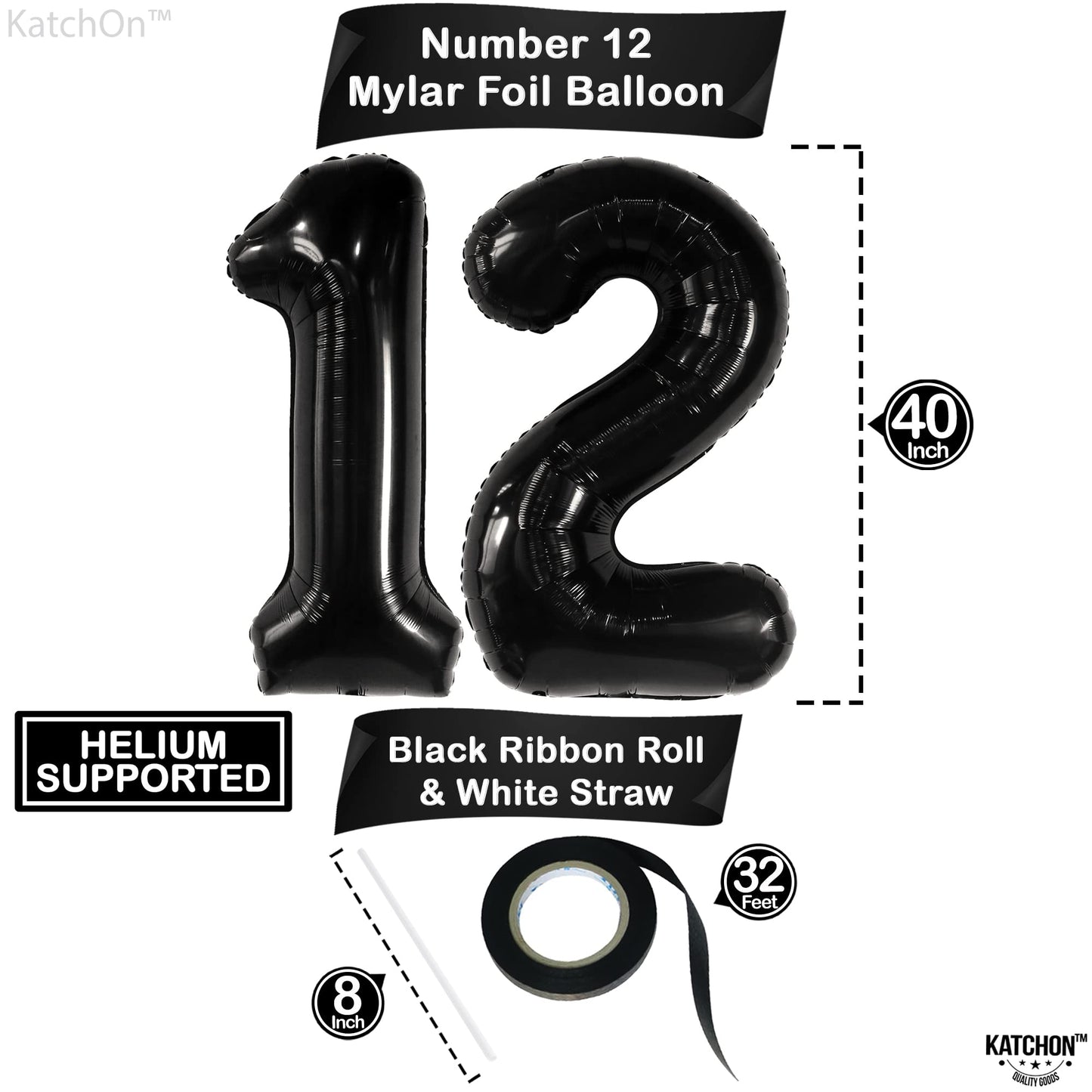 Katchon, Giant Black 12 Balloon Number - 40 Inch | 12 Birthday Balloon, 12 Birthday Decorations Boy | Black Number 12 Balloon For Birthdays | Happy 12Th Birthday Decorations Boy | 12Th Birthday Party