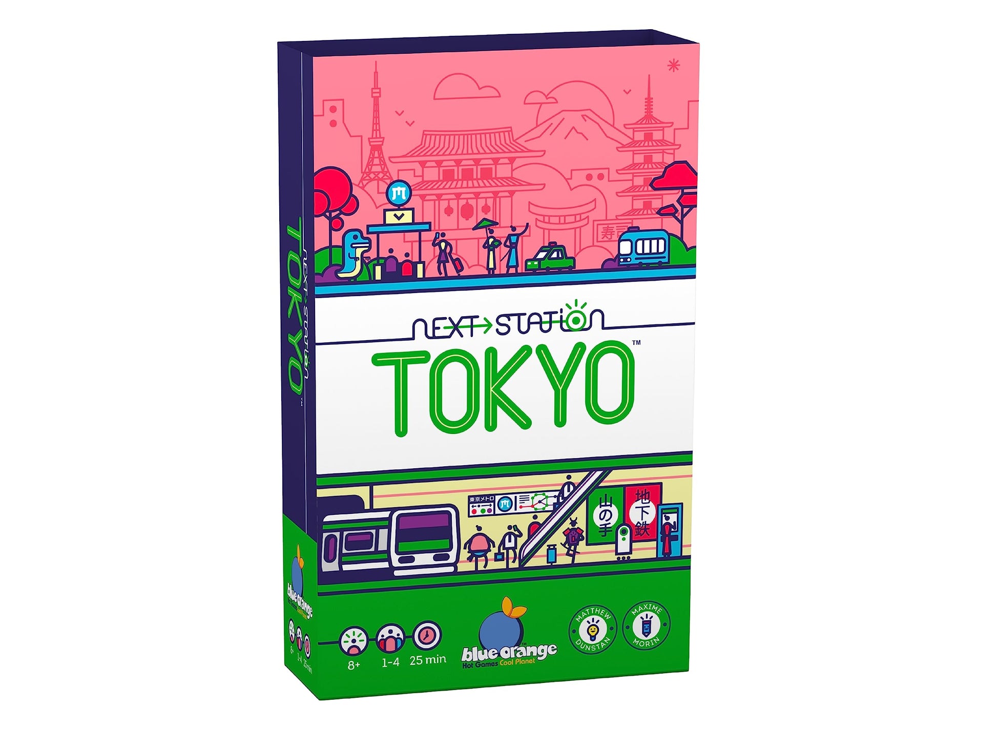 Next Station Tokyo Board Game - Family or mature-themed Strategy Flip and Write Game for 1 to 4 Players by Blue Orange Games. Recommended for Ages 8 & Up.