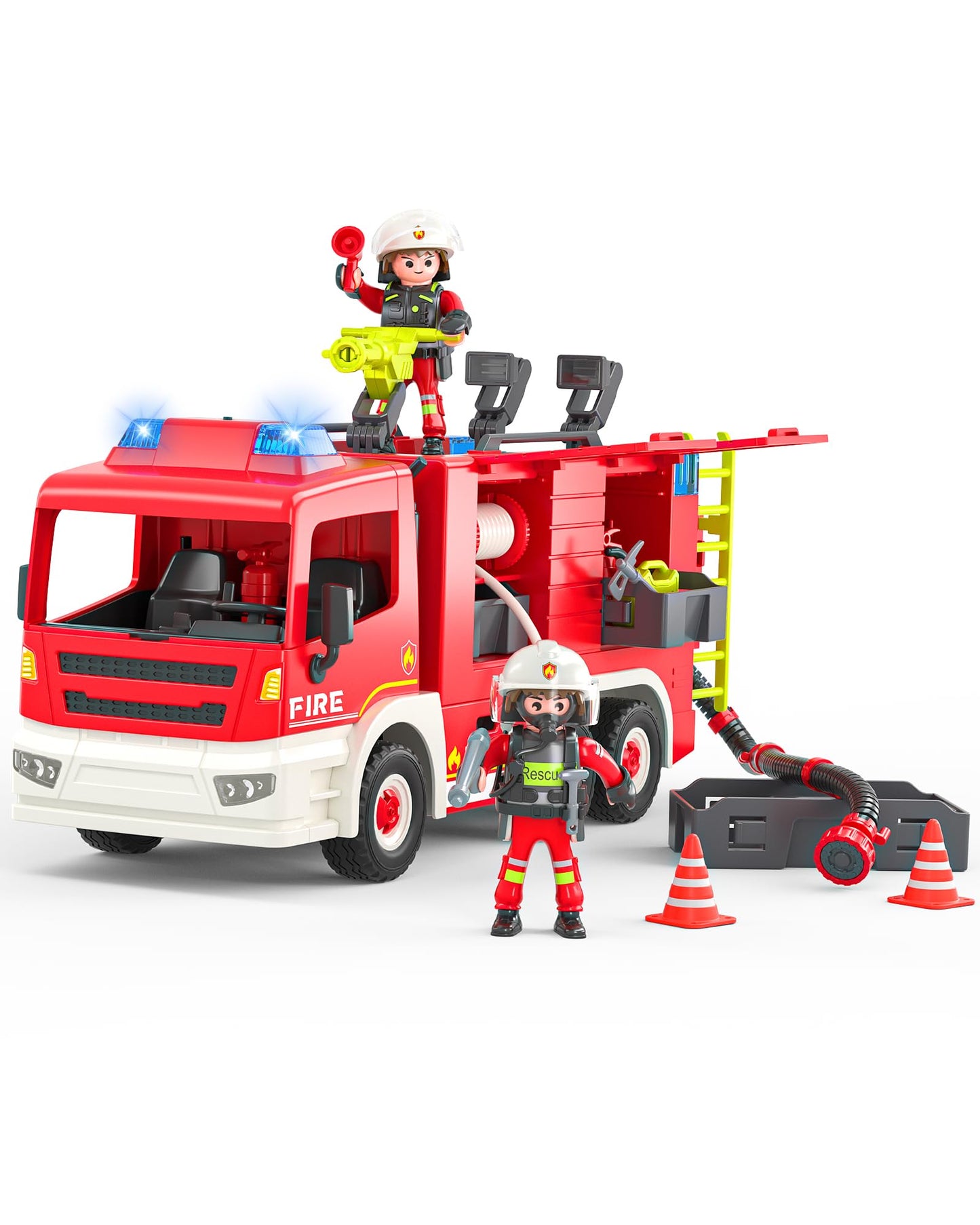 Coroiesty Large Fire Truck Toy with 2 Firefighters & Rescue Tools, Lights & Siren Sounds, Assemble Fire Rescue Truck Vehicle Toy