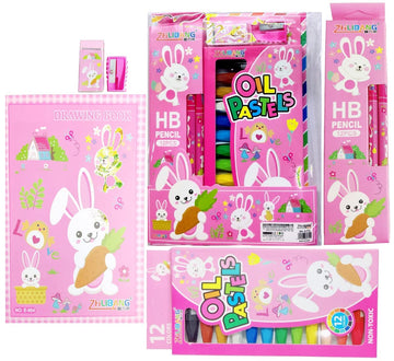 FunBlast Stationery Kit for Kids 12 Pcs Oil Pastels, 12 Pencils, Drawing Book, Erasers, Sharpener for Art and Craft, Stationery