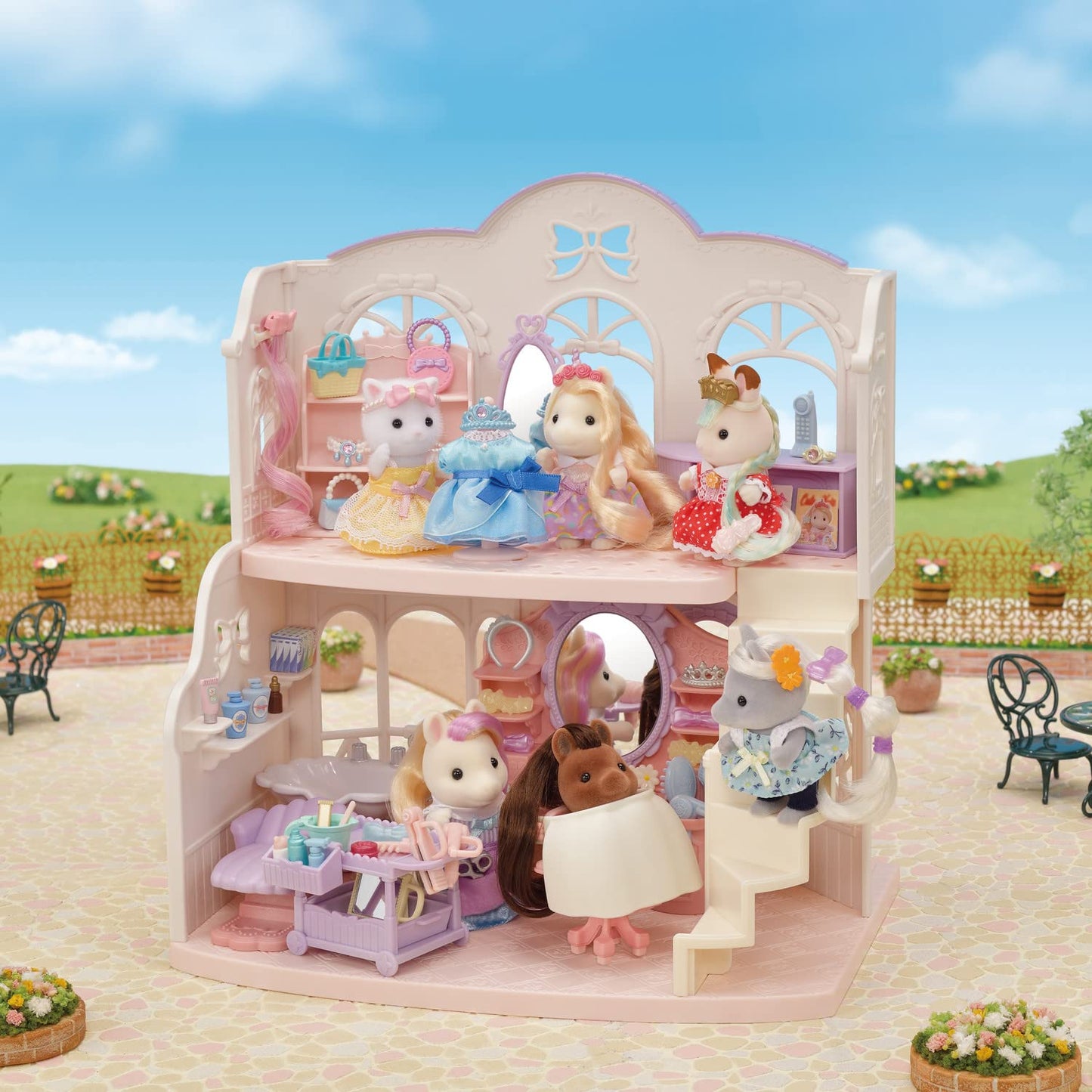 Calico Critters Pony'S Stylish Hair Salon - 2-Story Salon Playset W/ Poseable Figure & 40+ Hair Styling Accessories For Ages 3+
