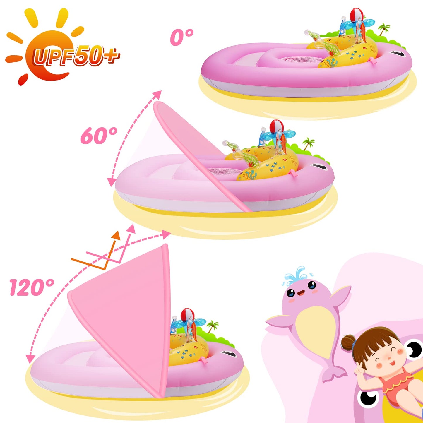 Baby Pool Float With Canopy Upf50+ Sun Protection, Baby Floats For Pool 6-12-24 Months Infant Toddler, Durable Baby Swim Float W